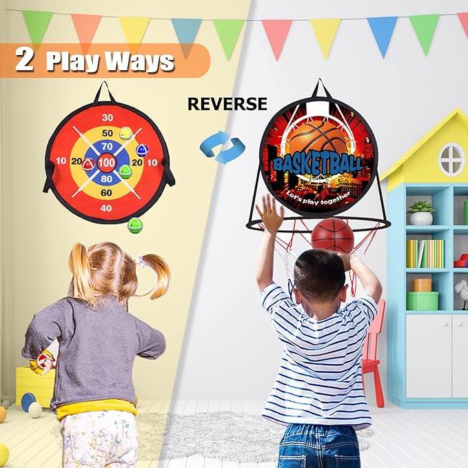 2 in 1 Basketball Hoop and Dart Board, 14" Dart Board for Kids, Basketball Hoop for Kids Toddlers, Sports & Outdoor Play, Birthday Gift Toys for 3 4 5 6 7 8 9 10 Year Old Boys Girls Kids, Party Favors
