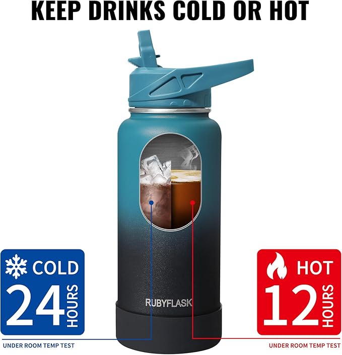 32oz Insulated Water Bottle with Straw, Stainless Steel Metal Vacuum Water Flask, Large Thermal Water bottle with Leakproof 3 Lids for Travel, Camping, Gym Sports Orange