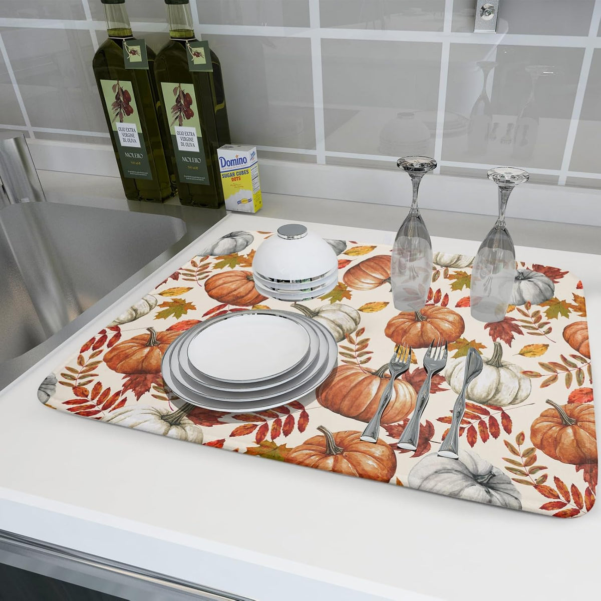 Fall Dish Drying Mat for Kitchen Counter 16x18 Inch Autumn Pumpkins Maple Leaves Drying Mats Thanksgiving Absorbent Reversible Dish Pad Fast Dry Drainer Mat Protector for Countertop Coffee Bar