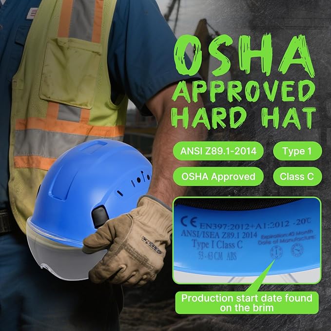 AOLAMEGS Construction Blue Hard Hats - Adjustable Vented Hard Hat with Visor for Men Women ABS Safety Helmet 6-Point Suspension Work Safety Helmet for Outdoor Height Industrial (with Clear Visor)