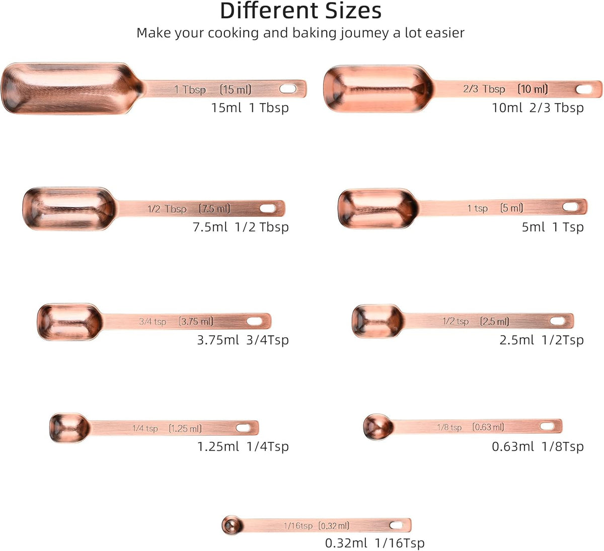 Copper Measuring Spoons Set, Stainless Steel Measuring Spoons Set 10, Metric&US Long Handle Measure Spoons for Kitchen&Baking, Metal Measure Tools with 1/16Tsp&2/3Tbsp for Spice Jar
