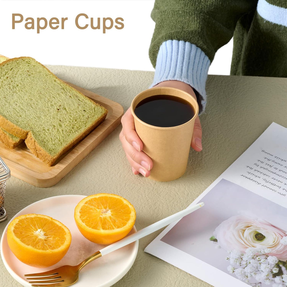 LITOPAK 100 Pack 8 oz Kraft Paper Coffee Cups for Water, Juice, and Tea, Disposable Hot Coffee Cups for Home, Restaurant, Store, and Cafe