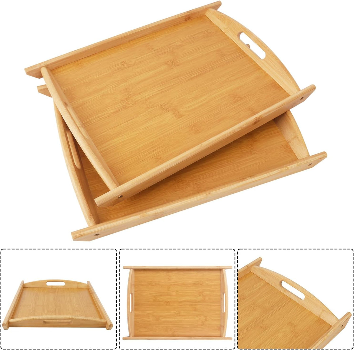 4 Pack 17.3 Inch Large Bamboo Serving Tray with Handle, Decorative Bamboo Breakfast Tray for Breakfast, Kitchen, Outdoor Picnic, Snack (17.3 x 12 x 1.2 Inch)