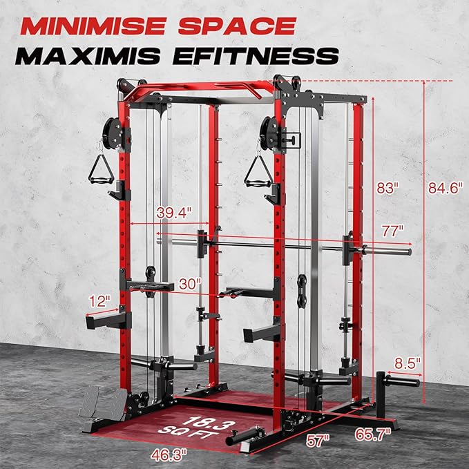 Smith Machine Home Gym, Multi-Function Power Cage with Dual Pulley Cable Crossover System, All-in-One Squat Rack with Smith Bar and Strength Training Attachments for Full-Body Workouts