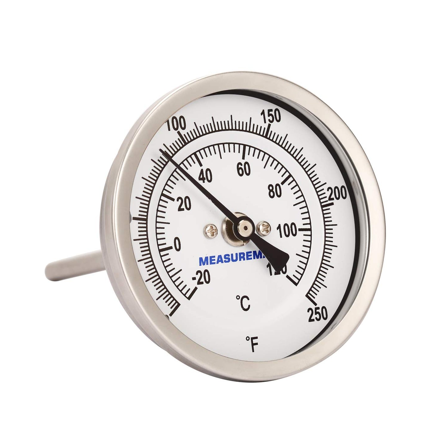 MEASUREMAN Fully Stainless Steel Pot, Kettle, Brewing Bimetal Thermometer, 3" Dial, 4" Stem, 0-250 deg F/-20-120 deg C, -1% Accuracy, Adjustable, 1/2" NPT Back Mount