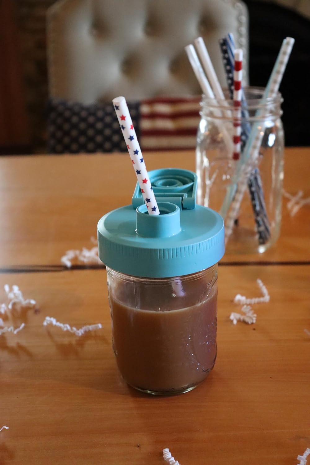 Brewing America Creamer Jar with Pouring Lid, 1 Pint (16 oz) Azure Mason Jar with Teal Wide Mouth Pour Lid for Milk, Sugar, and Cream, 1-Pack (Teal)