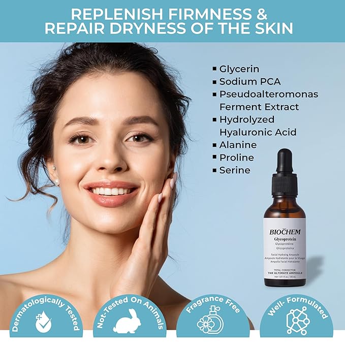BIOCHEM Glycoprotein Hydrating Serum Ampoule – Deep Moisture + Skin Repair with Marine Glycoproteins & Hyaluronic Acid – Anti‑Aging Plumping Facial Serum, Sensitive Skin Safe, 1.01 fl oz / 30 mL