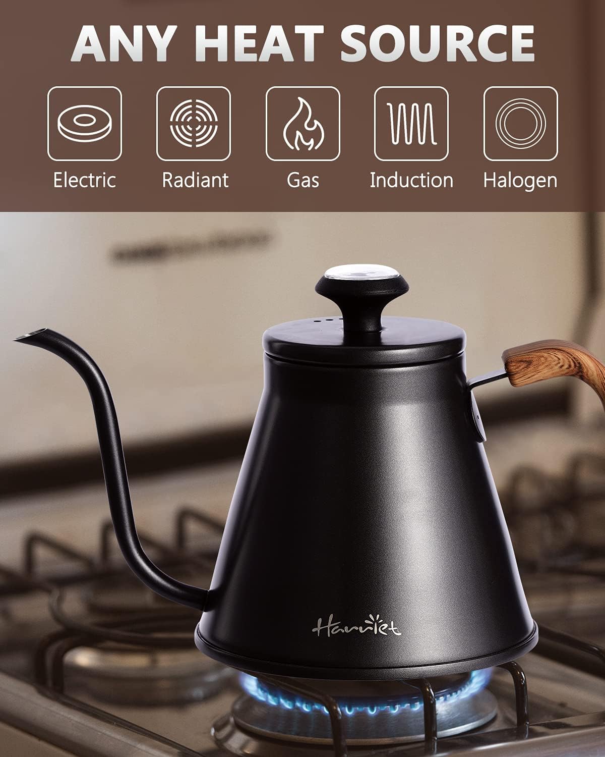 Harriet Gooseneck Kettle with Thermometer for Pour Over Coffee and Tea, 37 fl oz, Stainless Steel, Durable 3-Layer Base, Ideal Spout for Precision Pouring, Compatible with all Stove Tops, Black