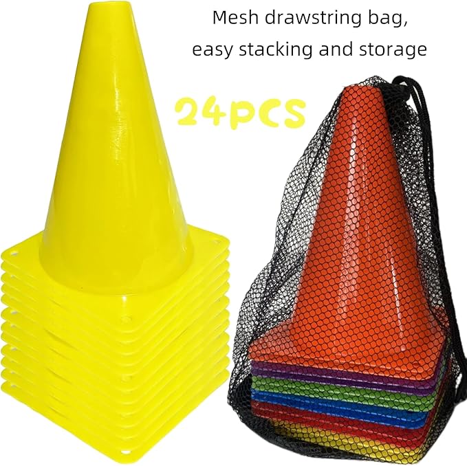 24 Pcs 7 Inch Plastic Traffic Cones, Basketball Football Drills, Skating, Sport Training Agility Markers, Indoor Outdoor Games, Multicolor