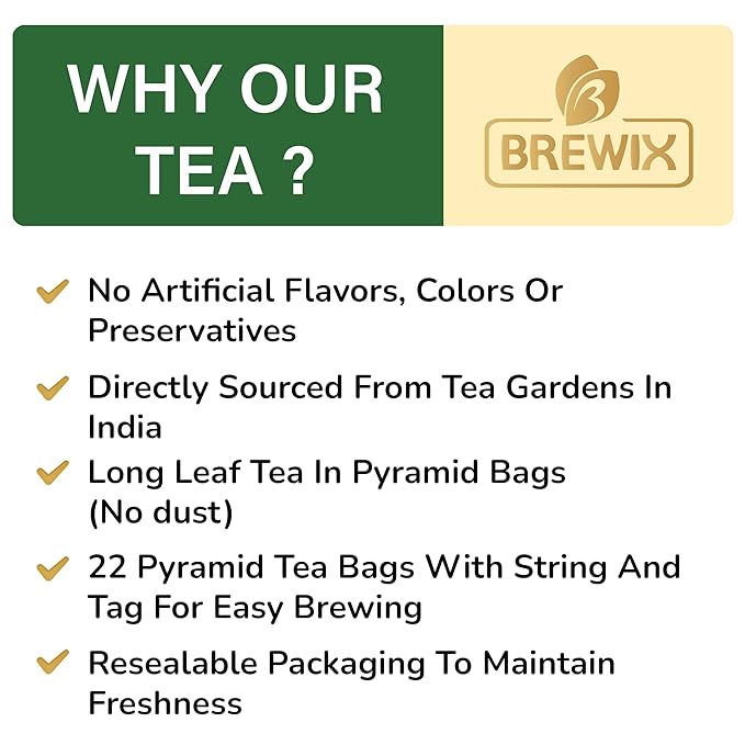 BREWIX, Green Tea (22 Pyramid Tea Bags) | Supports Overall Health, Natural & Pure High Grown Green Tea | Caffeinated & Gluten Free | Direct From India