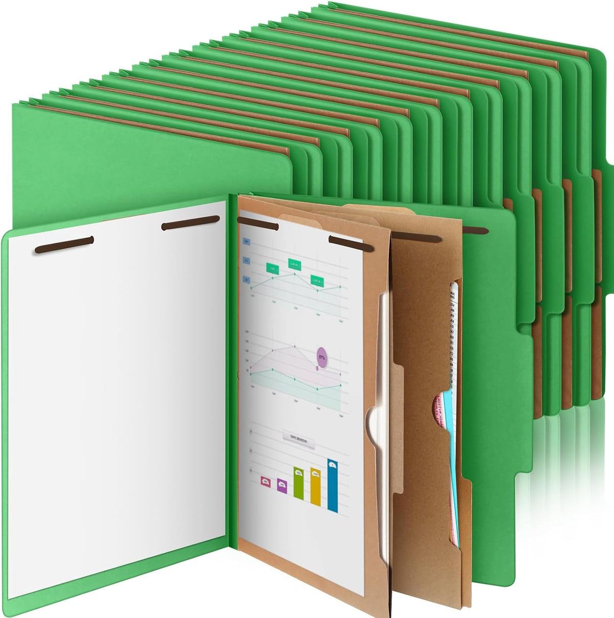 24 Pcs Classification Folders Letter Size, Back to School Supply for Teacher, Student, 2 Pocket Dividers Pressboard File Folder Bulk with 2 Fasteners, 2 in Expanding File Organizer (Green)