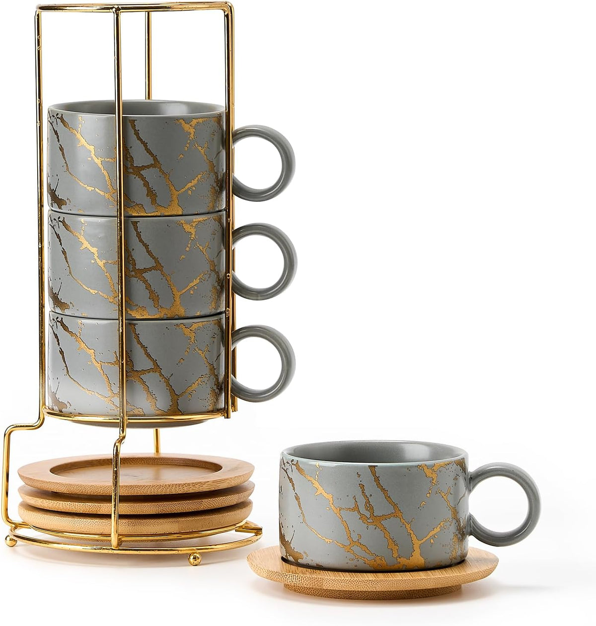 LUKA 6 Ounce Porcelain Stackable Espresso Cups with Saucers and Metal Stand Set of 4, Ceramic Cappuccino Cups Set for Specialty Coffee Drinks, Latte, Cafe Mocha and Tea, Gray