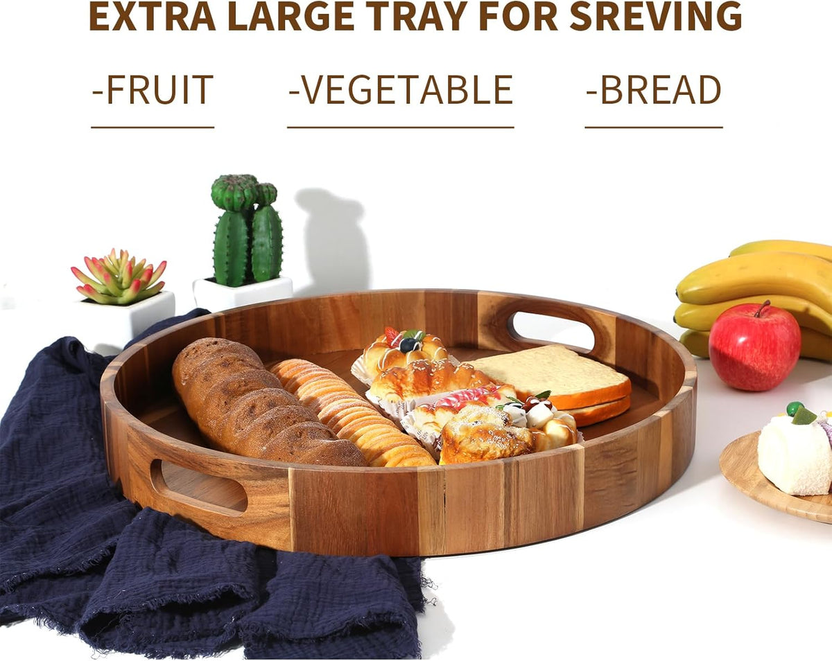 Extra Large 20" Acacia Wood Tray with Handles - Wooden Serving Tray for Ottoman, Coffee Table, Charcuterie, Bed & Breakfast - Rustic Modern Style