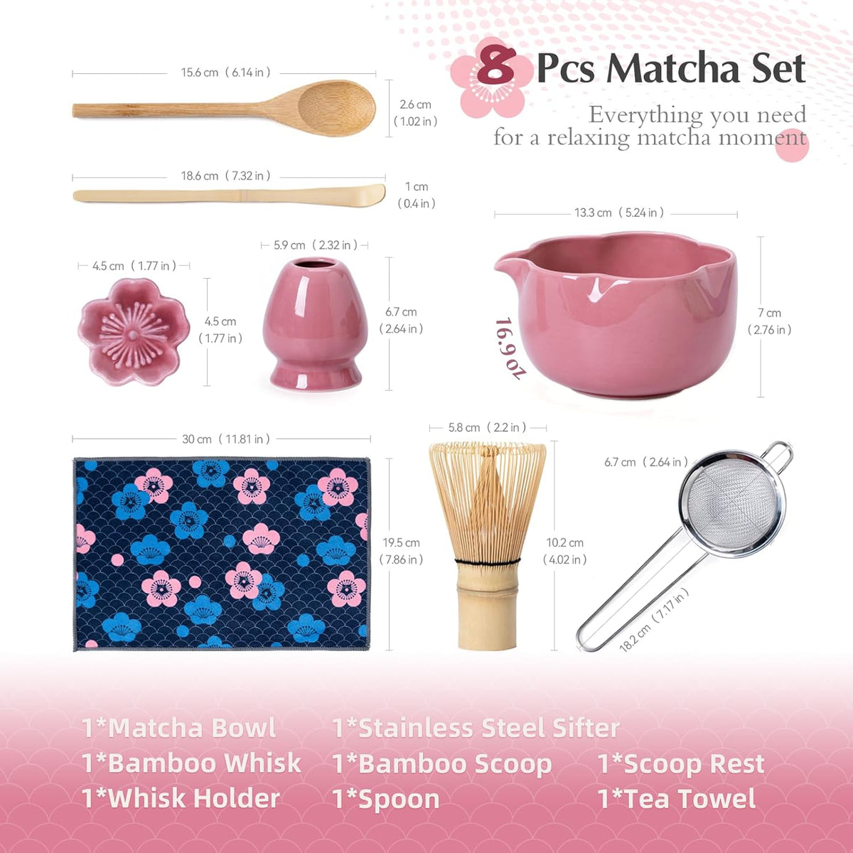 Matcha Set, 8Pcs Floral Ceramic Matcha Set with Matcha Whisk, Holder, Scoop, Scoop Rest, Sifter, Spoon and Tea Towel - Thoughtful Matcha Whisk Set Gift for Matcha Lovers (Pink)