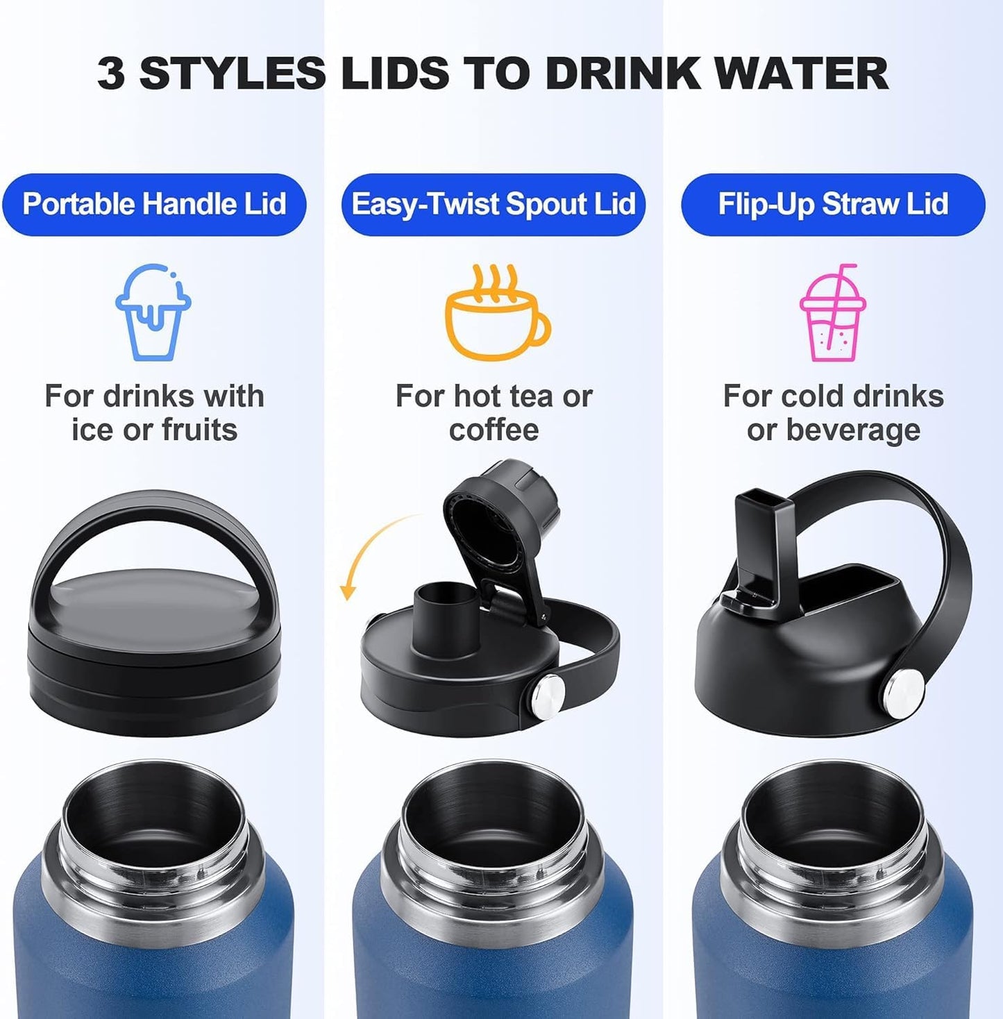 HYDROWION 40 oz Insulated Water Bottle with Straw fit in Car Cup Holder(Cold 48 hrs, Hot 24 hrs) Drinking Bottle with Straw Lid, Spout Lid and Flex Cap Leakproof Travel Thermo Mug，Purple