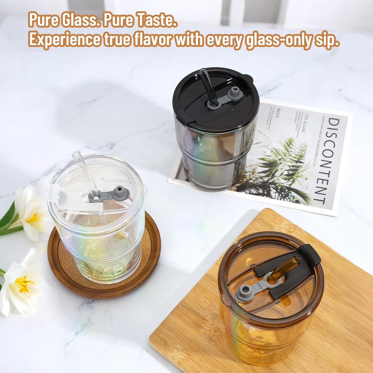 13 oz Glass Tumbler with Glass Straw and Lid, Leak-Proof Reusable Travel Cup for Iced Coffee, Tea, Matcha, Fruit Juice – Thick Wall Clear Water Bottle (Iridescent Shimmer, 2 Pack)