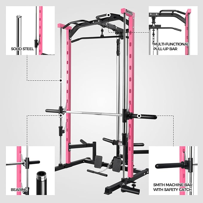 RitFit Smith Machine Power Rack with LAT-Pull Down System, Landmine, Barbell Bar, Plate Storage Pegs and More Training Attachment
