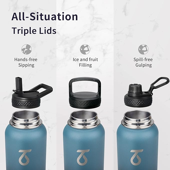 Trebo Water Bottle Insulated 40oz with Paracord Handle, Vacuum Double Wall Stainless Steel Water Jug, 48hr Cold Retention, Leakproof BPA-Free Flask With 3 Lids Fits in Car Cup Holder, Indigo/Black