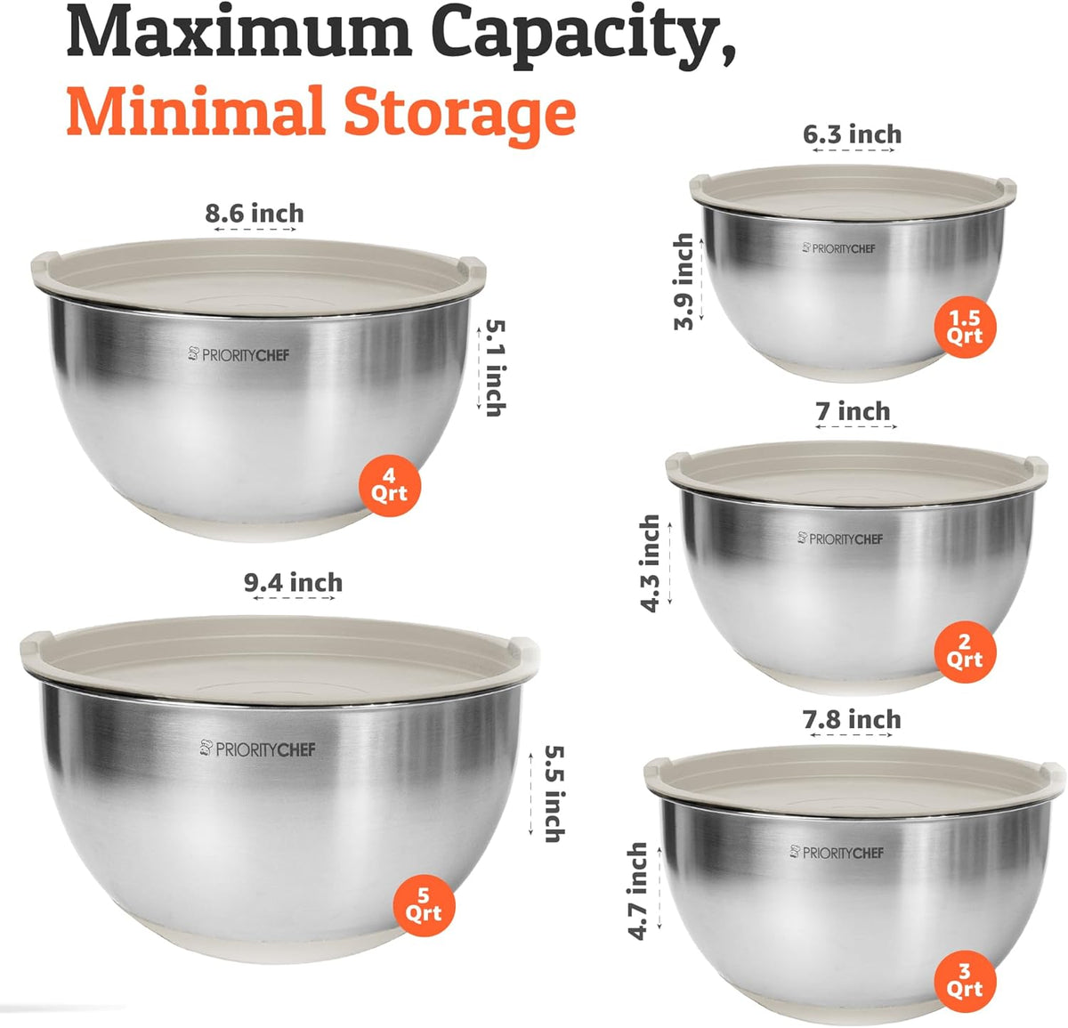 Priority Chef Premium Mixing Bowls With Airtight Lids Set, Thicker Stainless Steel Mixing Bowl Set, Large Prep Metal Bowls with Lids, Nesting Bowls for Kitchen, 1.5/2/3/4/5 Qrt, Khaki