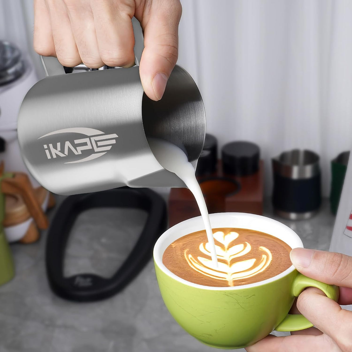IKAPE Espresso Milk Pitcher, Espresso Steaming Pitcher with Sharp Spout for Espresso Barista Tool, 15.4 oz / 450ml Milk Frothing Jug (Silver)
