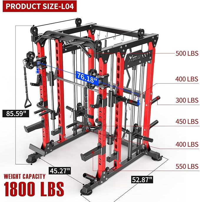 Smith Machine with Cable Crossover System, Multi-Function Power Cage Squat Rack for Home Gym, Power Rack and Packages Weight Sets.