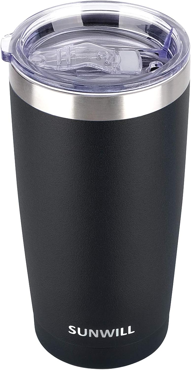 SUNWILL Travel Coffee Tumbler 20 oz, Insulated Mug with Lid, Stainless Steel Cup for Outdoor, Powder Coated Black