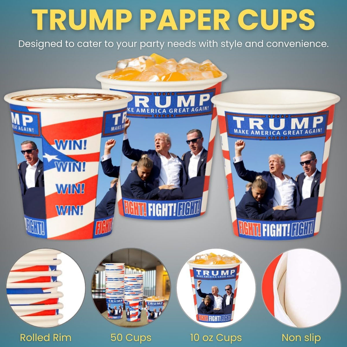 Smygoods Trump Design Disposable Paper Coffee Cups (10 OZ, 50 Count) For Hot Beverages, Tea, Espresso, Cocoa - To Go Drink Containers, Café & Office