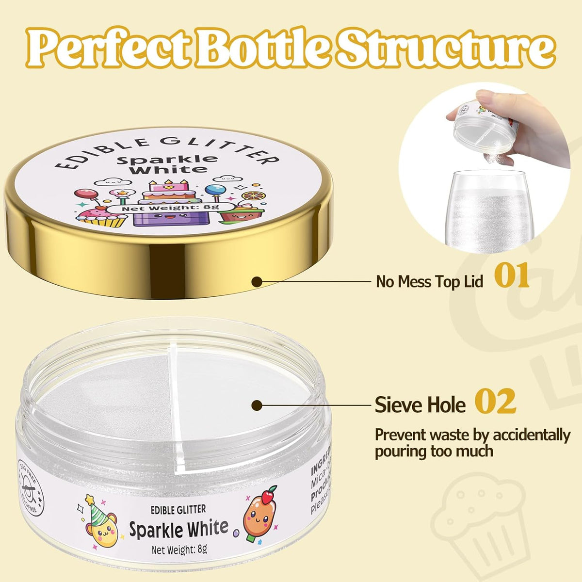 Nomeca Edible Glitter for Drinks Cakes, 8 grams Food Grade Luster Dust Sprinkles Glitter for Cake Decorations, DIY Cocktails, Beverages & Cake Decorating, Dessert Cake Topper (6-Sparkle White)