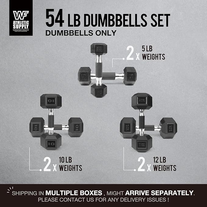 WF Athletic Supply Rubber Encased Hex Dumbbells with Rubber Grip Contoured Handle for Muscle Toning, Strength Building & Full Body Workout