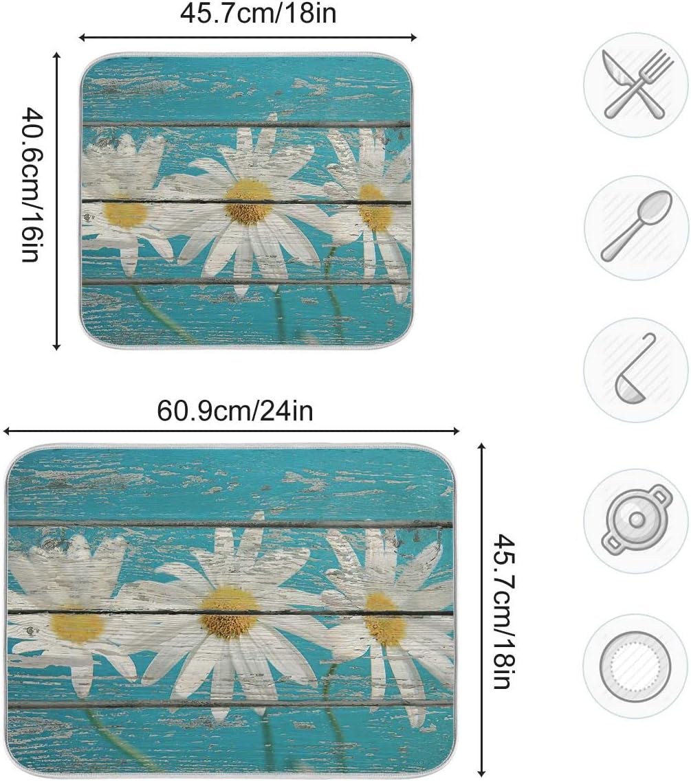 Daisy On Old Wooden Board Dish Drying Mat for Kitchen Counter Turquoise Wood Drying Mat 18 x 24 Inch with High Absorbent Reversible Microfiber Dish Drying Pad Drainer Mat for Coffee Bar