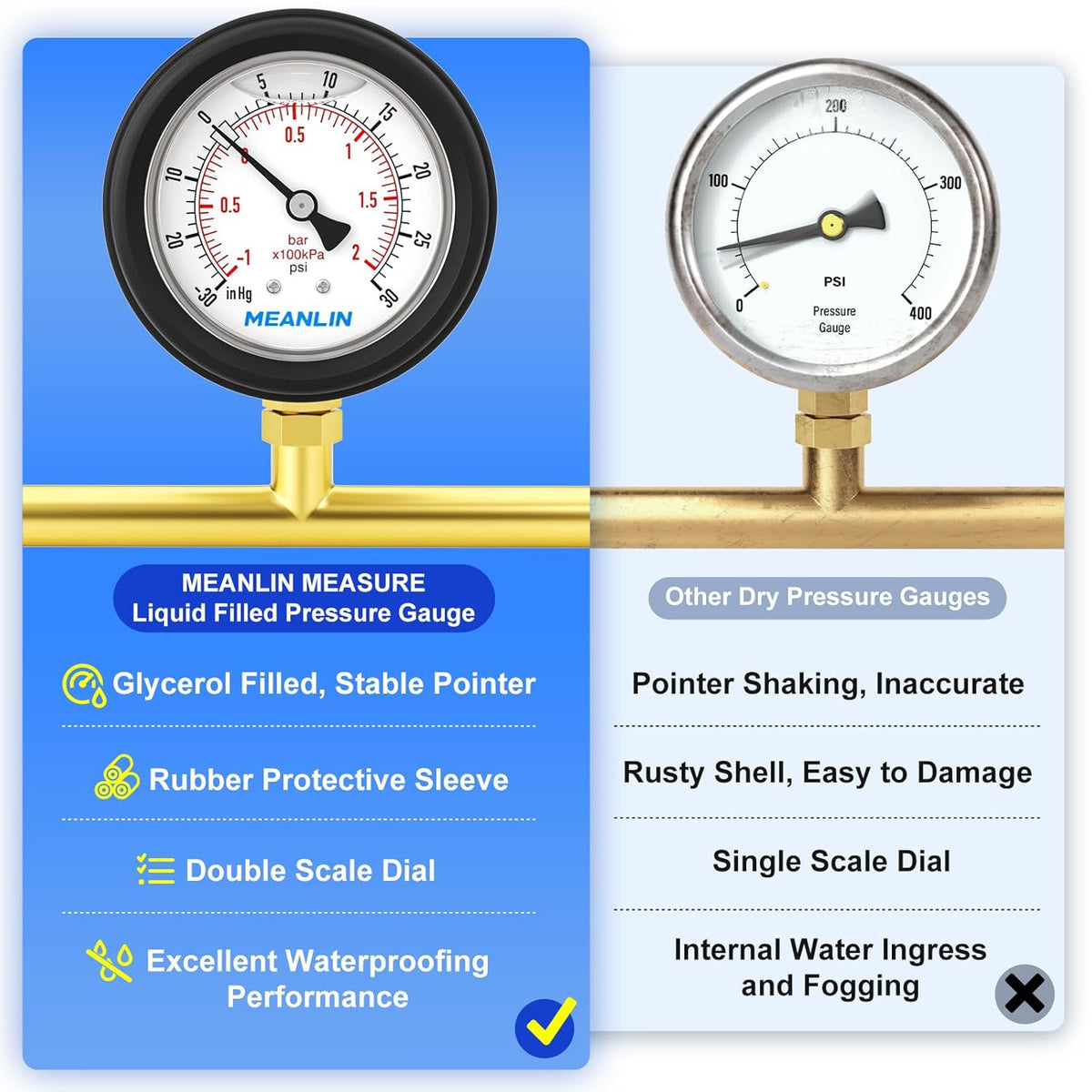 MEANLIN MEASURE -30inHG~30Psi Stainless Steel 1/4" NPT 2.5" FACE DIAL Vacuum Pressure Gauge, Lower Mount (with Rubber Protective Sleeve), with 1/2" NPT and 3/8" NPT Hex Bushing