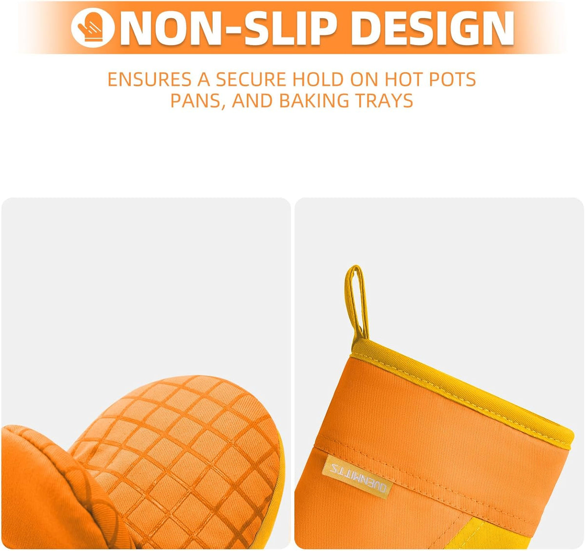 Mini Oven Mitts, Kitchen Oven Gloves Kitchen Mittens 500 Degrees Heat Resistant Baking Gloves, Non-Slip Silicone Surface with Hanging Loops Hot Gloves for Cooking, Baking, BBQ 1 Pair-Orange