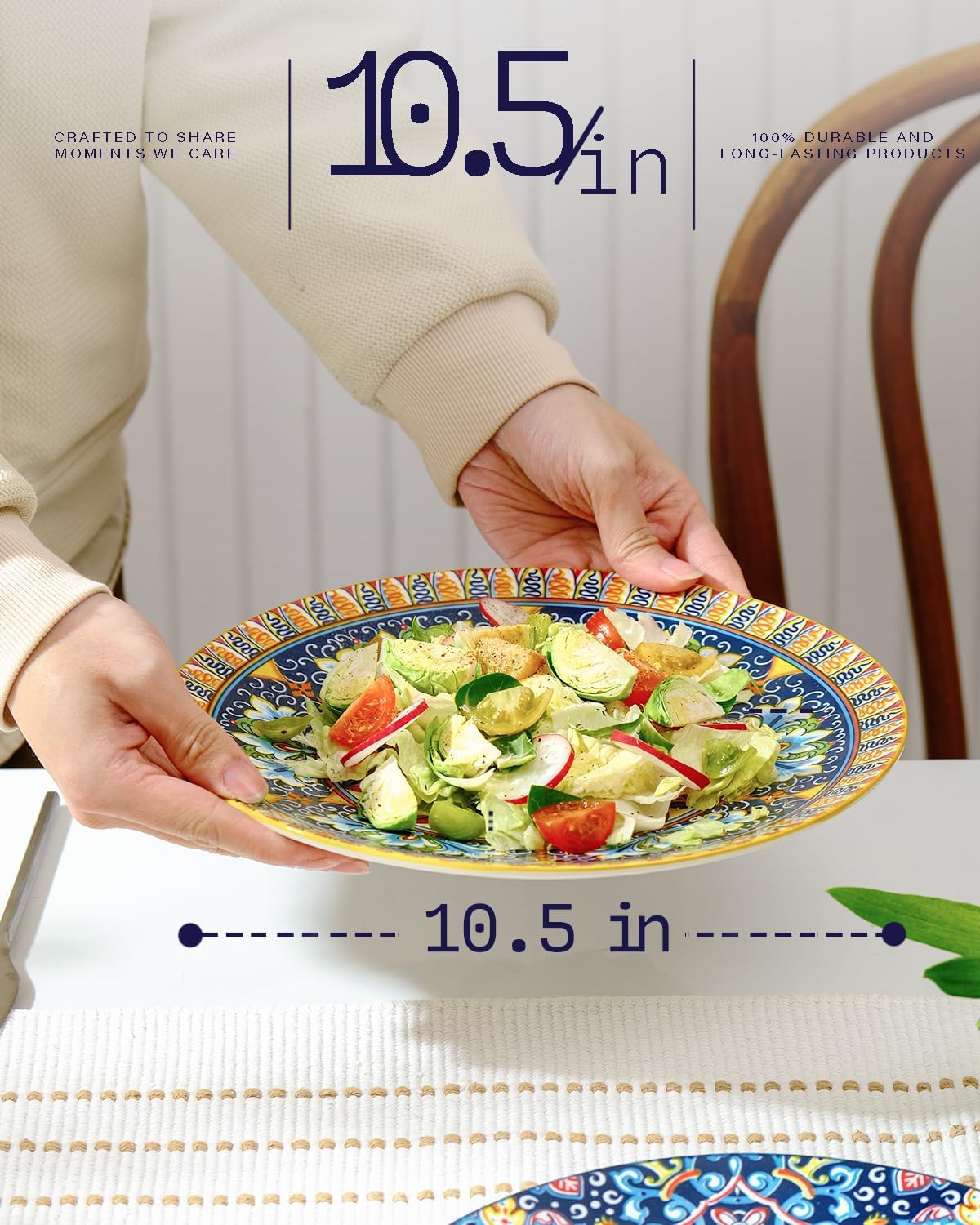 getstar Dinner Plates Set of 6, 10.5 Inch Ceramic Plates, Microwave, Oven and Dishwasher Safe, Colorful Bohemian Style Dishes for Kitchen