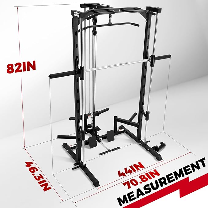 RitFit Smith Machine Power Rack with LAT-Pull Down System, Landmine, Barbell Bar, Plate Storage Pegs and More Training Attachment