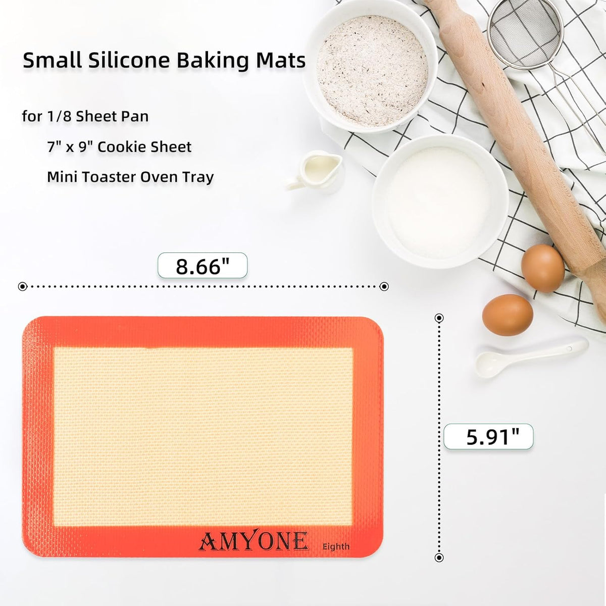 AMYONE Silicone Baking Mat for 1/8 Sheet Pan, Eighth Non-Stick Silicone Baking Sheet Liner for Cookie Macaron Bread Pastry, Food Grade Silicone Mat for 9 x 7-inch Small Toaster Oven Tray, 2 PCS