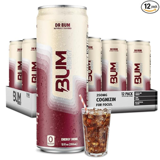 BUM Sugar-Free Energy Drink, Dr BUM - Lightly Carbonated & No Artificial Colors, Natural Caffeine & Citicoline for Energy & Focus, Brain Boost & Workout Sports Beverage - 12 oz, 12-Pack