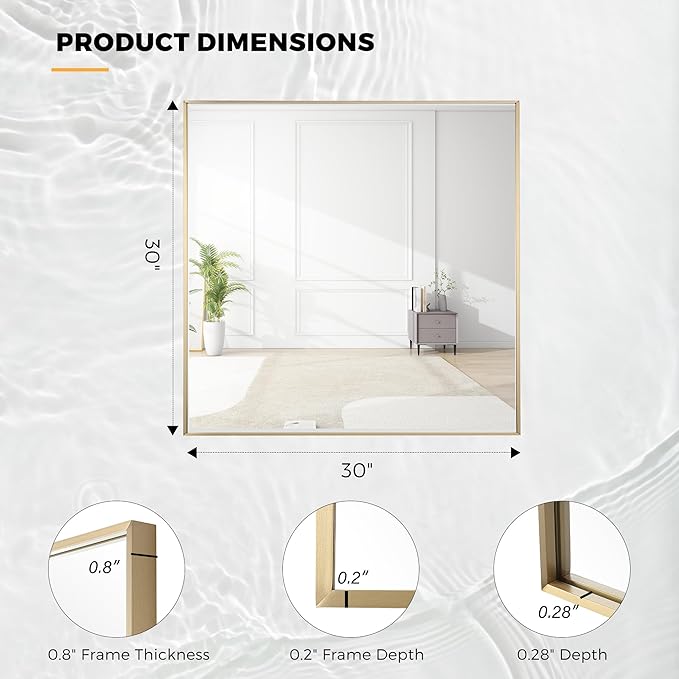 30x30 Inch Brass Bathroom Mirror for Wall, Aluminum Frame Rectangle Rectangular Vanity Mirror, Modern Large for Bedroom, Living Room, Horizontal or Vertical