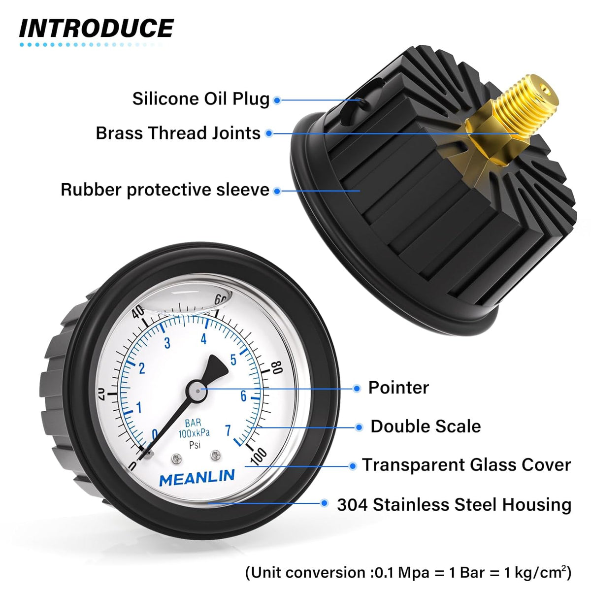 MEANLIN MEASURE 0~100Psi Stainless Steel Liquid Filled Pressure Gauge 1/4" NPT 2.5" FACE DIAL with Rubber Protective Sleeve, Center Back Mount