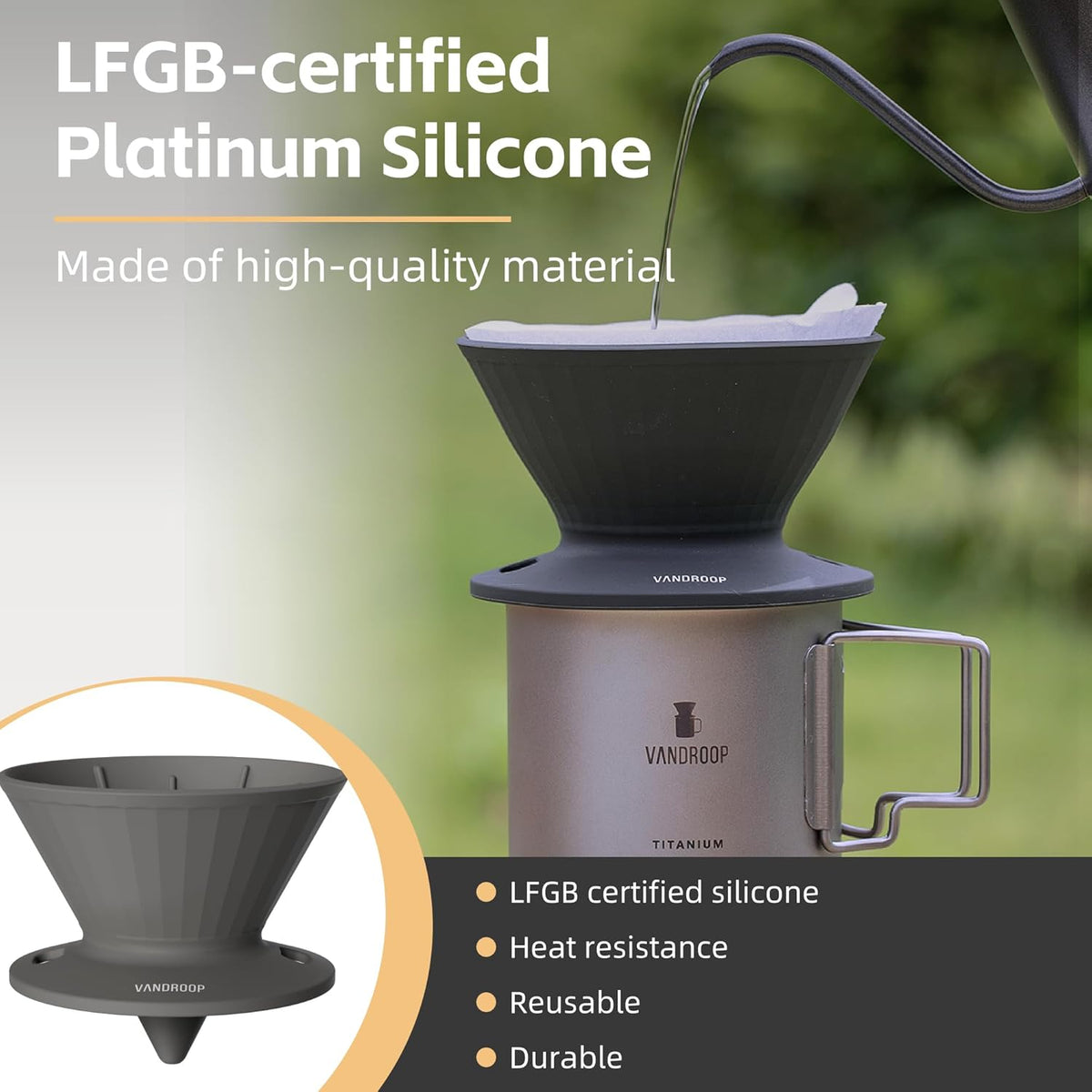 Collapsible Pour Over Coffee Dripper, Reusable Silicone Pour Over Coffee Maker for Camping, Travel&Home, Portable Single Clever Coffee Dripper with 10 V60 Filter Papers #02(Grey, 2-3 Cup)