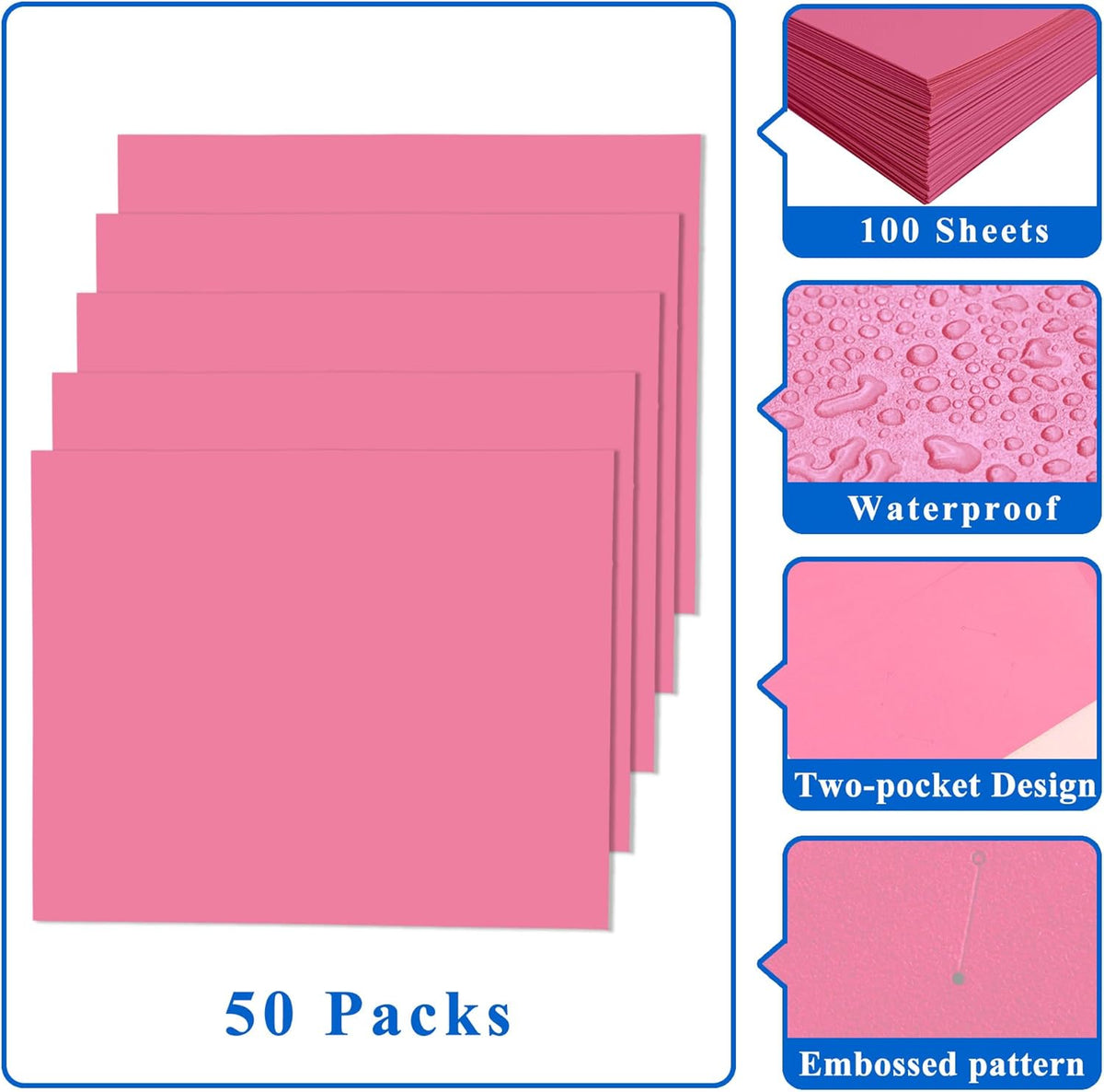 Zzrywuty File Folders with Pockets Letter Size, 50-Pack Paper Folders with Card Slot, Two Pocket Folders for School Students, Businessmen, Home and Office Workers（Pink）
