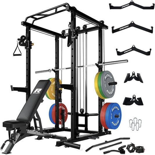 RitFit Multi-Function Squat Rack Power Cage PPC03 with Cable Crossover System, 1000LBS Capacity Power Rack and Packages with Optional Weight Bench, Barbell Weight Set, for Garage Workout & Home Gym