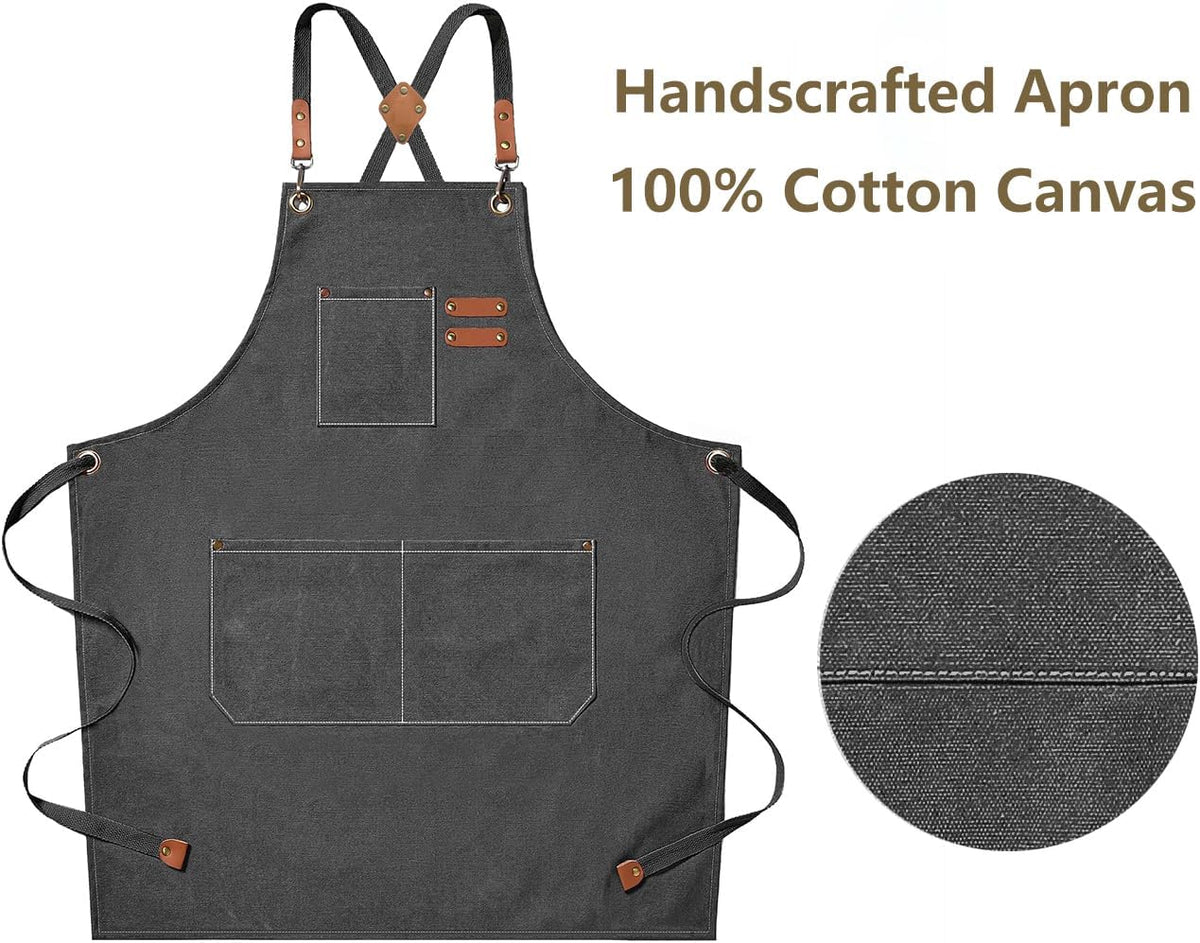 AFUN Chef Aprons for Men Women with Large Pockets, Cotton Canvas Cross Back Heavy Duty Adjustable Work Apron, Size M to XXL(Grey)