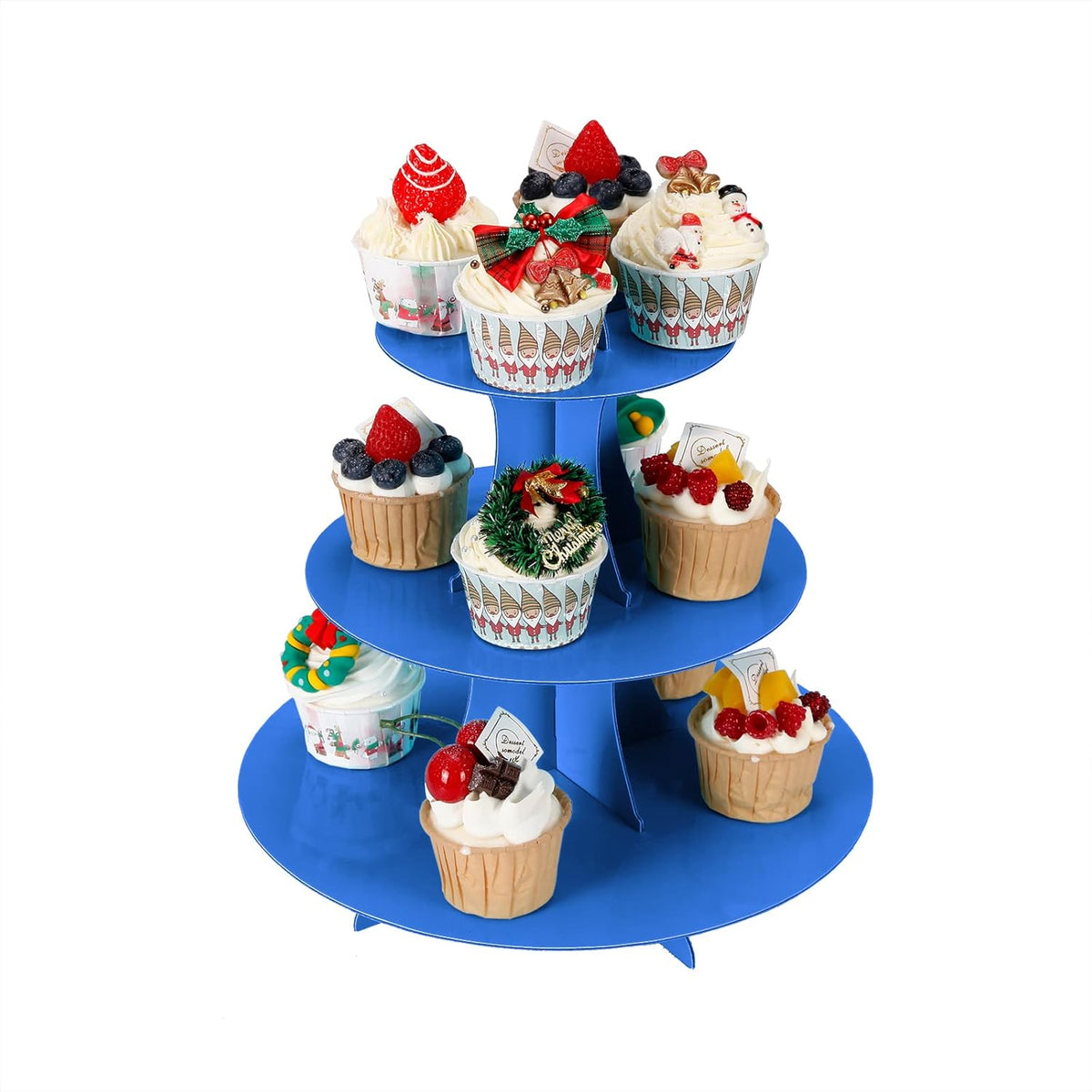 2Pcs 3-Tier Cupcake Stand, Cake Stand holder, Tiered DIY Cupcake Stand Tower for Dessert Table Displays, Birthday Theme Party Favors Decoration, Floral Tea Party, 12" W x 12.8" H, Blue