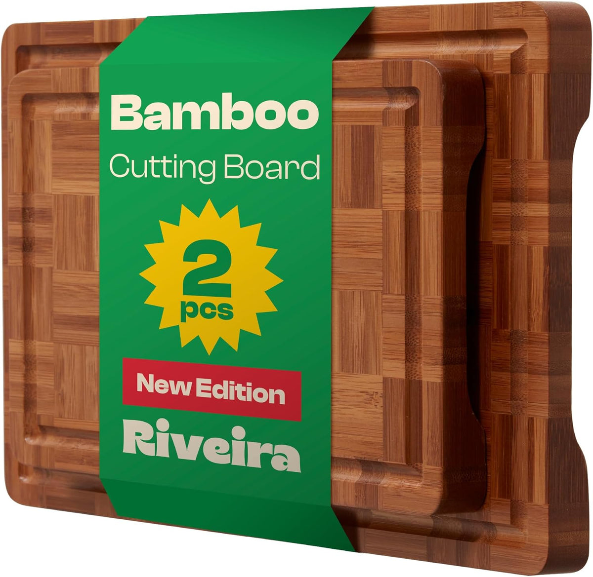 Riveira Bamboo End Grain Wood Cutting Board – Versatile And Durable: Set Of 2 Pcs Wooden Cutting Boards – Natural Wooden Cutting Boards For Kitchen Set – Complete Bamboo End Grain Cutting Board