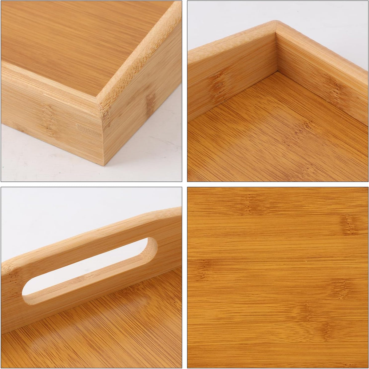 3 PCS Bamboo Serving Tray, 3 Size Nested Breakfast Bed Tray with Handle, Wood Serving Tray for Serving, Breakfast Bed Trays for Eating, Decor, Displaying Cake, Fruit