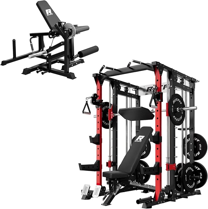 RitFit Smith Machine Power Cage with LAT Pulldown & Cable Crossover, All-in-One Power Rack Home Gym System with Leg Press Attachment & Accessories