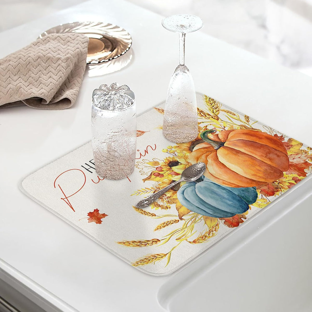 Fall Dish Drying Mat for Kitchen Counter Hello Pumpkin Drying Pad Absorbent Drying Mats for Countertops Sinks Draining Racks Sunflower Ears of Wheat Drainer Holiday Harvest Thanksgiving Decor 16x18