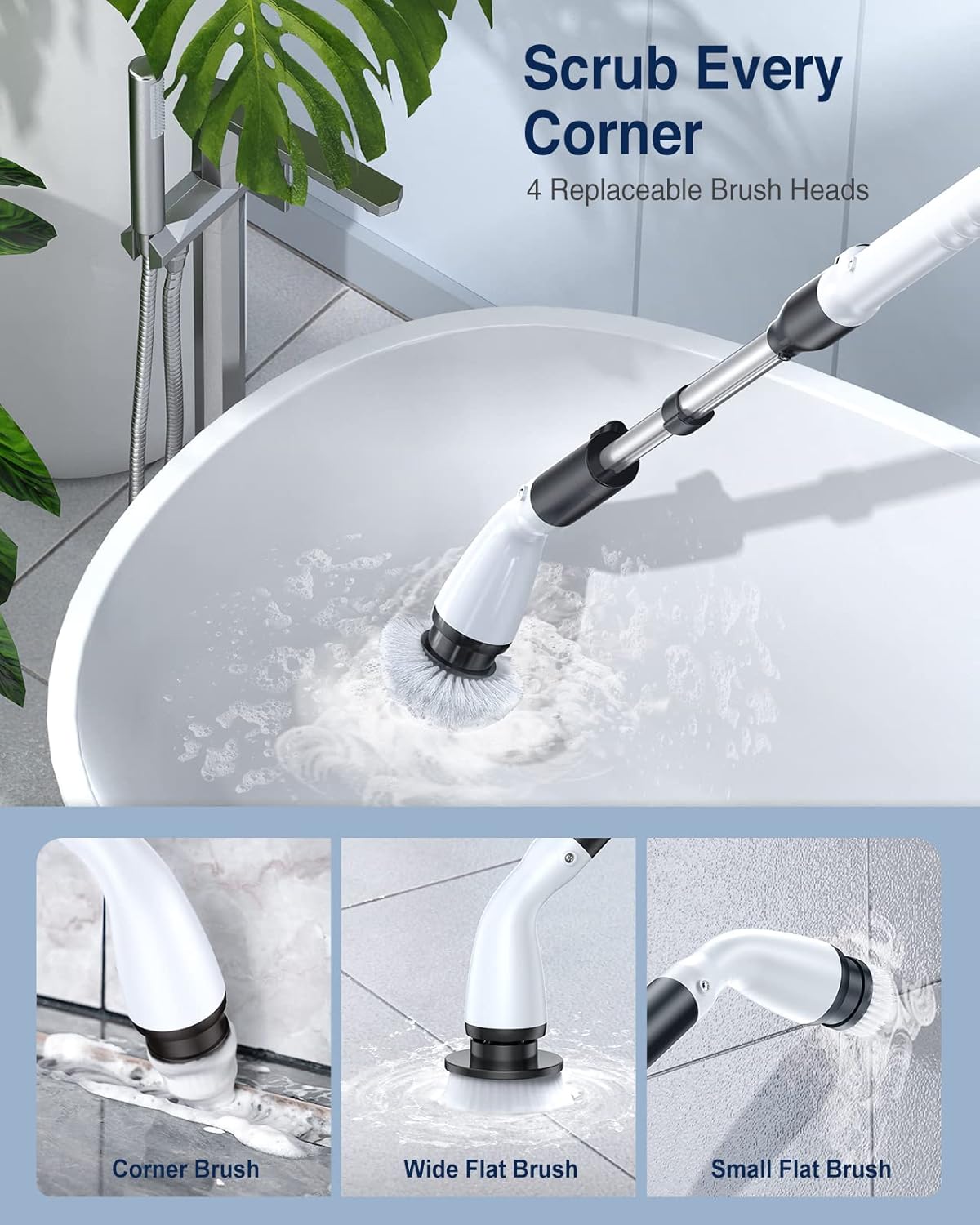 LABIGO Electric Spin Scrubber LA1 Pro, Cordless Spin Scrubber with 4 Replaceable Brush Heads and Adjustable Size Extension Handle Power Full Cleaning Brush for Bathroom Floor (Deep Black)
