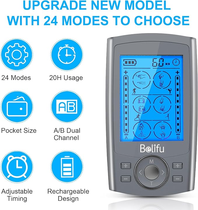 Belifu Dual Channel TENS EMS Unit 24 Modes Muscle Stimulator for Pain Relief Therapy, Electronic Pulse Massager Muscle Massager with 10 Pads, Dust-Proof Drawstring Storage Bag, Fastening Cable Ties