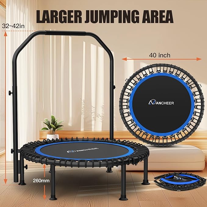 ANCHEER 40/48" Mini Trampoline with Upgraded Bungee Cords, 550LBS Capacity, Adjustable Foam Bar & Resistance Ropes, Indoor/Outdoor Rebounder for Adults